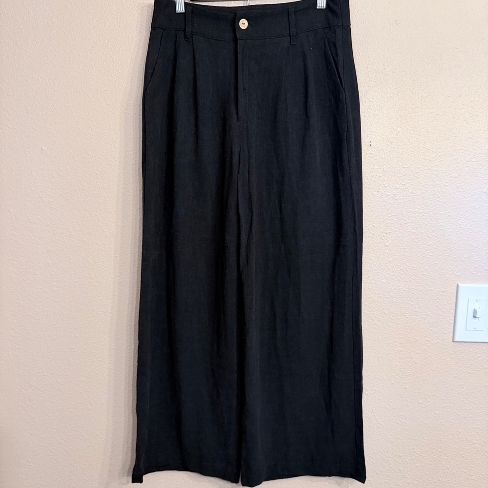 Kylie Paige Black Wide Leg Linen Blend Pleated Trousers High Rise Size Large